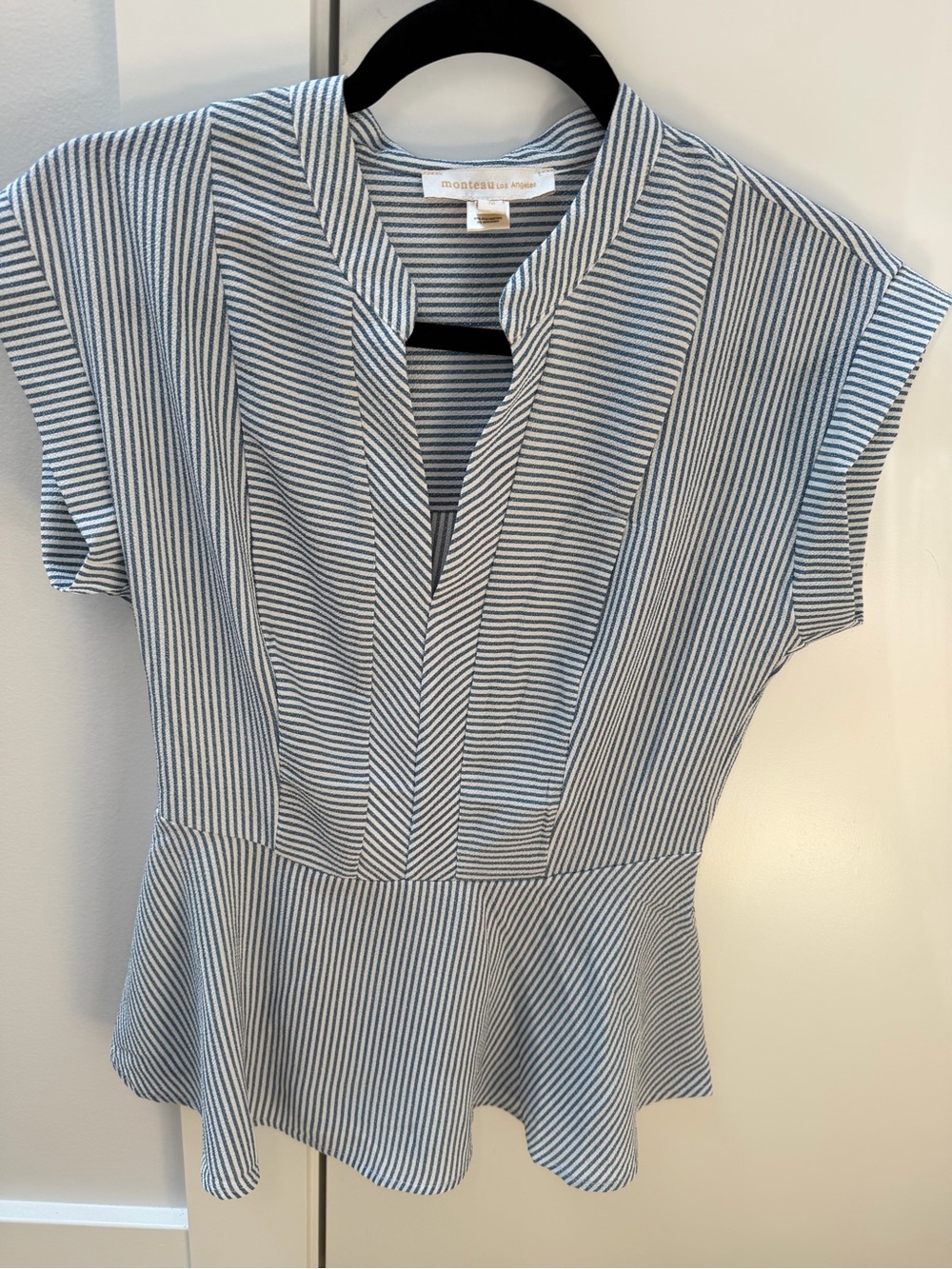Monteau Navy & White Striped Peplum Blouse